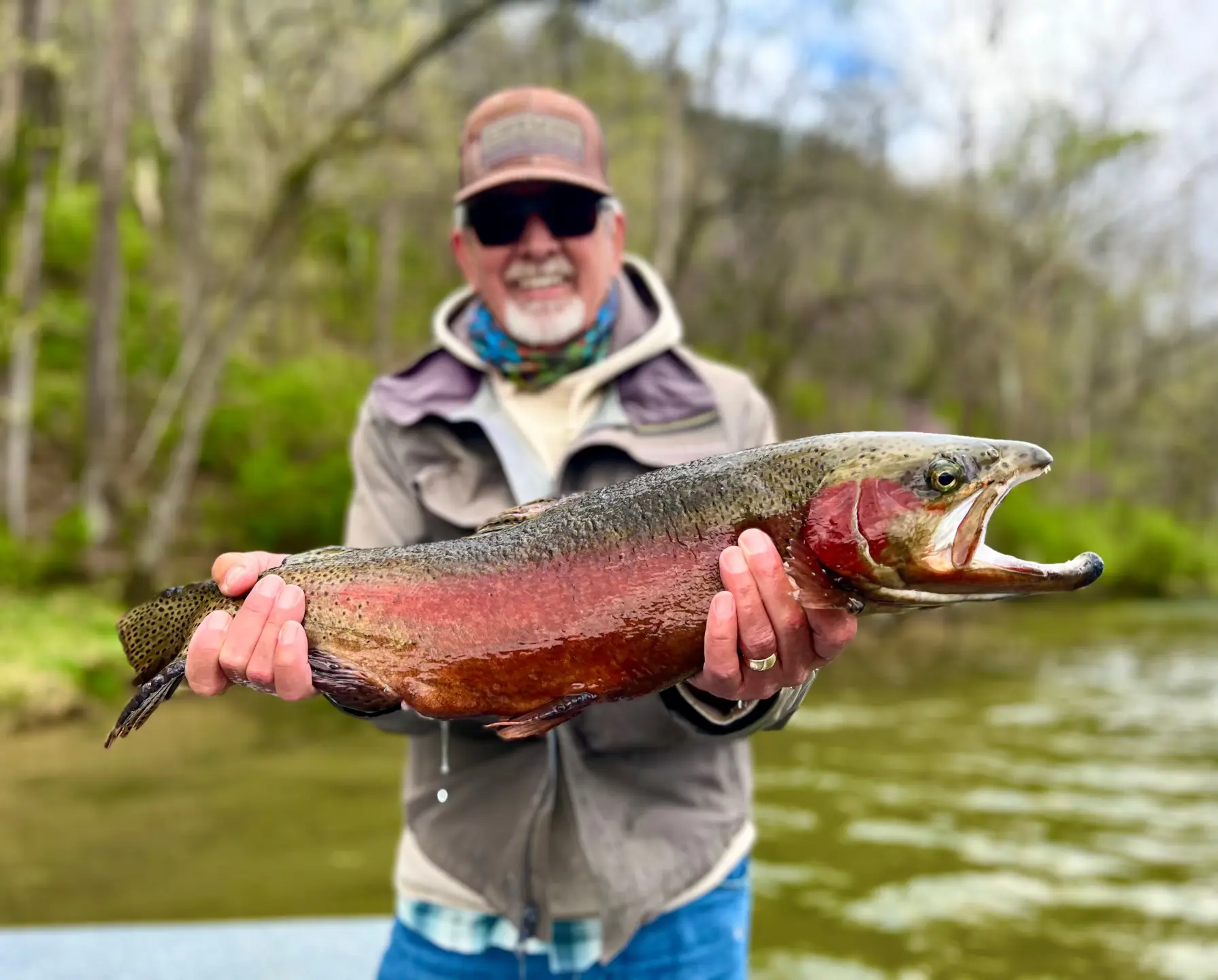A White River fly fishing guide proudly holding a colorful Arkansas trophy trout caught while fly fishing.